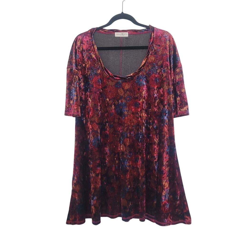 Natural Life Floral Velvet Scoop Neck Shift Dress Size L Burgundy Boho Hippie